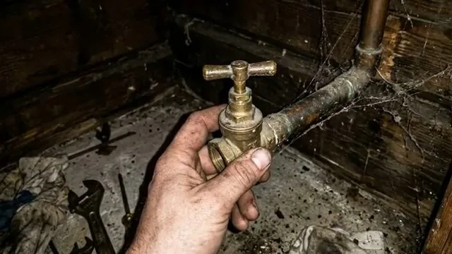 Hand holding an old brass shutoff valve on a corroded pipe in a dark crawlspace
