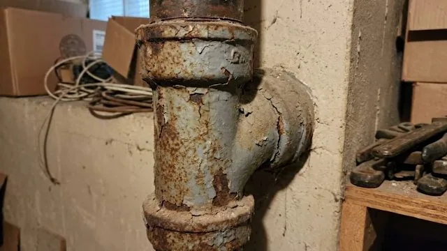 Rusty cast iron drain tee in a basement corner with tools on a shelf